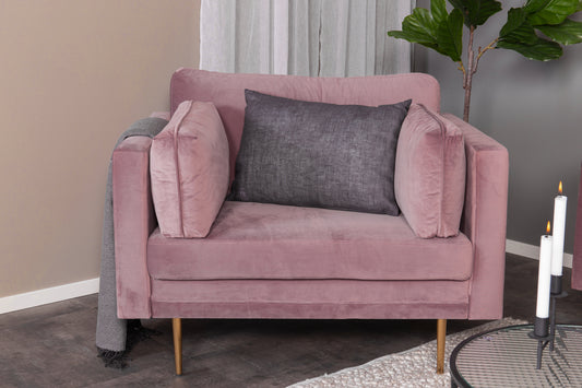 Boom fåtölj, rosa/metallfärgade ben