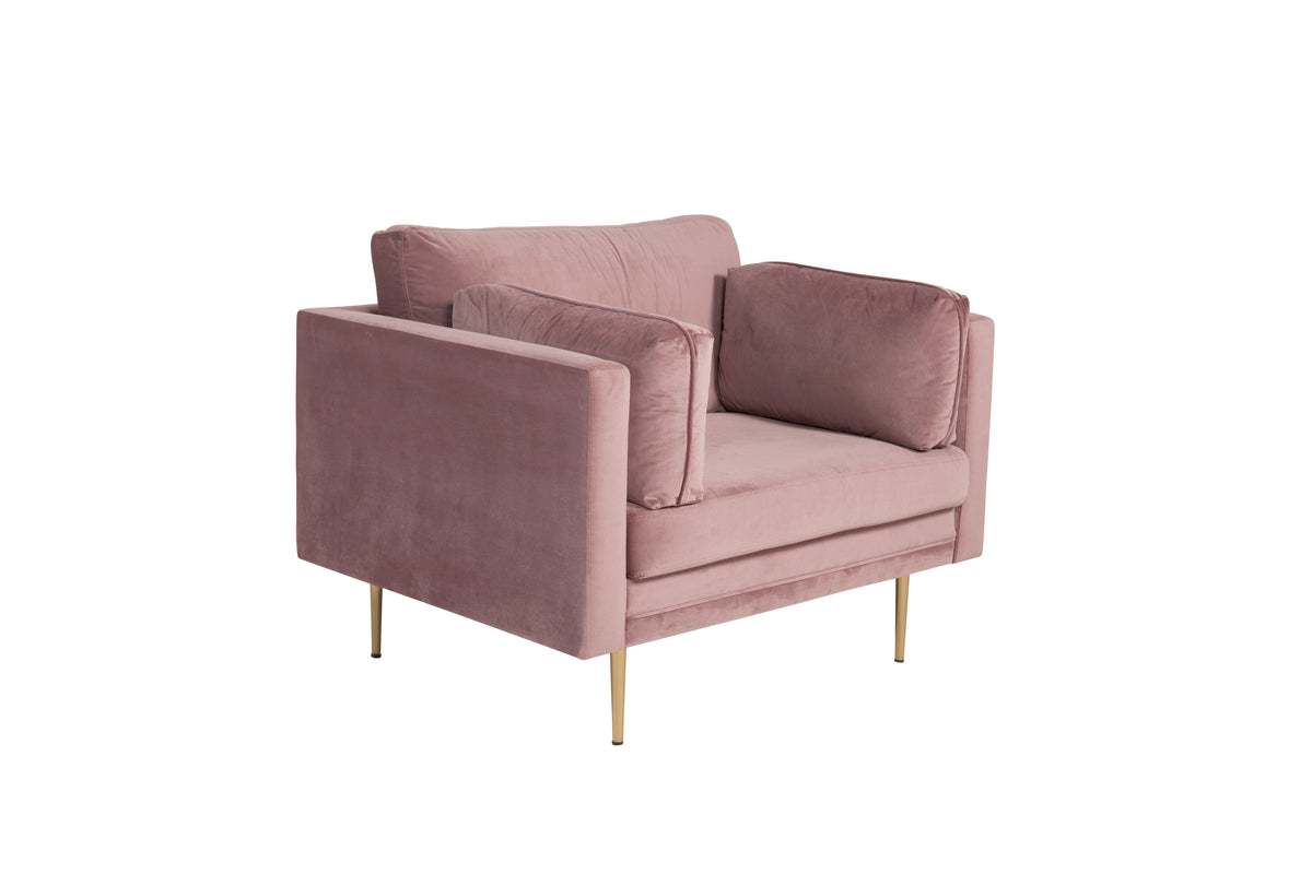 Boom fåtölj, rosa/metallfärgade ben